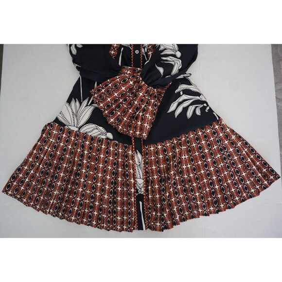 CIEBON Women's Sz S Black Multi Edda Pleated Tie Neck L/S Satin Mini Dress - Picture 5 of 8